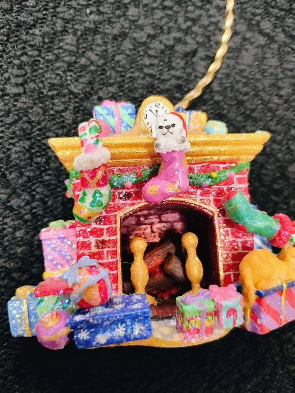 Vintage Christmas Fireplace Ornament Miniature Stocking & Gifts Tabletop Decor 3